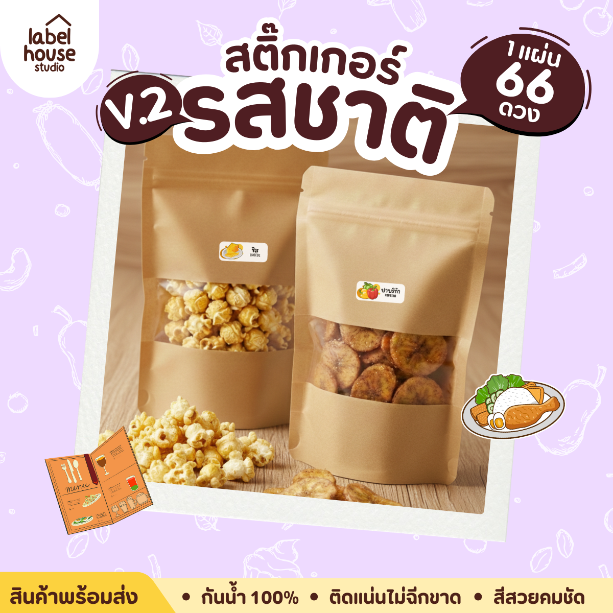 [ VER.2 ] สติ๊กเกอร์รสชาติคาว - หวาน สติ๊กเกอร์ไส้ขนม 80 รสชาติ กันน้ำ 3 x 1.2 ซม. ( 66 ดวง/แผ่น) - รูปที่ 3